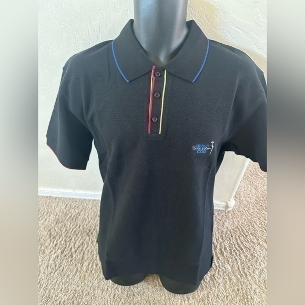 Men’s black absolut Vodka knit polo shirt size L large button pre own as is